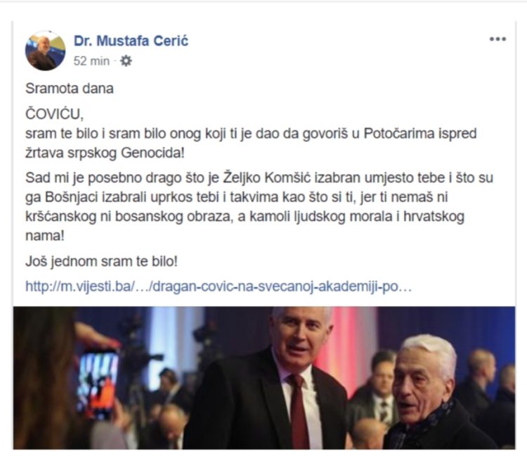 Mustafa Cerić: Zbog Čovića mi je drago što je Komšić izabran bošnjačkim glasovima