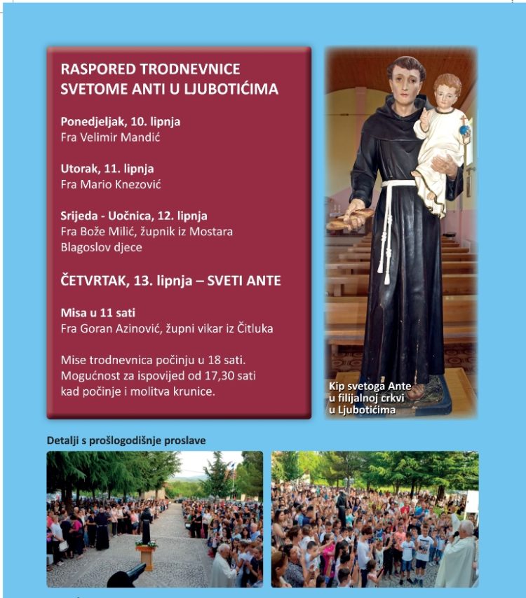 Široki Brijeg: Trodnevnica i proslava sv. Ante u Ljubotićima