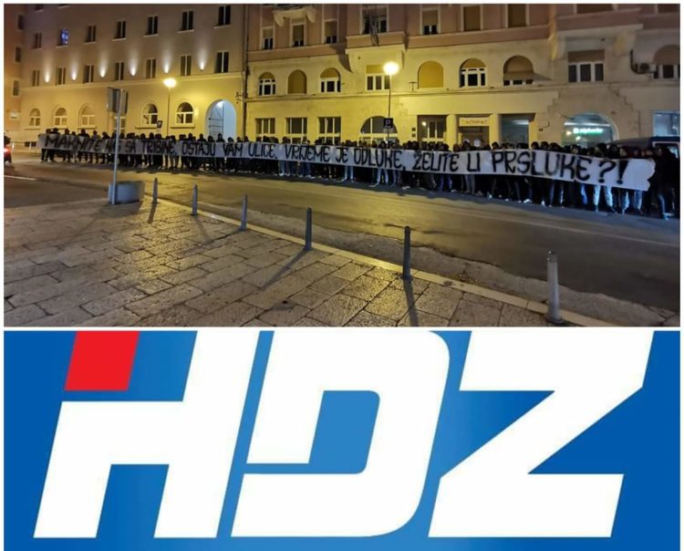 Torcida ispred HDZ-a u Splitu istaknula transparent: ‘Maknite nas sa tribine, ostaju vam ulice, vrijeme je odluke, želite li prsluke?!’
