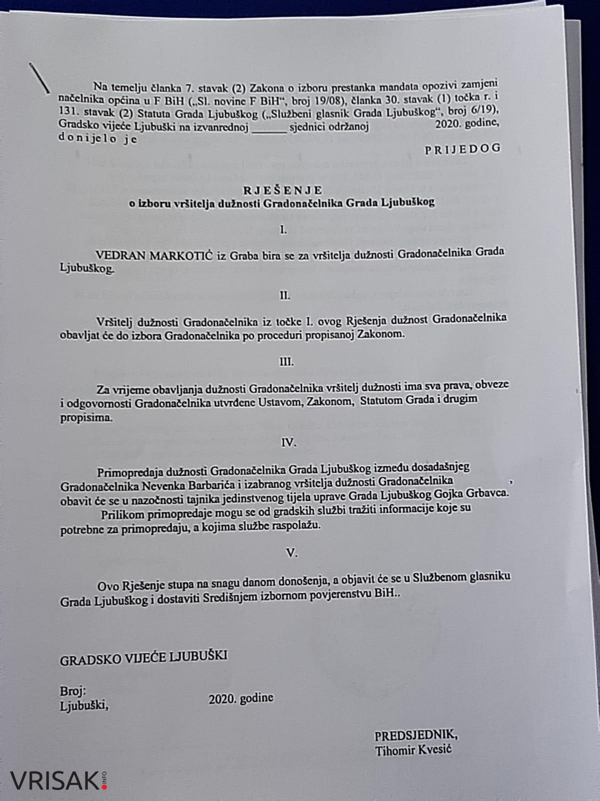 Vedran Markotić izabran za vršitelja dužnosti gradonačelnika Ljubuškog