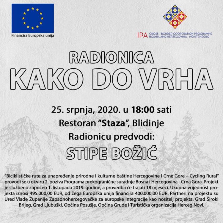 Najava: Radionica “Kako do vrha” u okviru projekta „Biciklističke rute za unaprjeđenje prirodne i kulturne baštine Hercegovine i Crne Gore –  Cycling Rural“