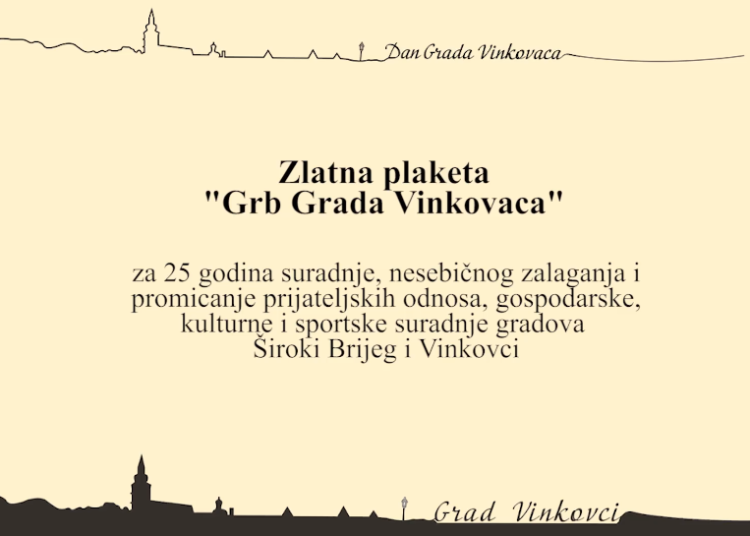 Gradonačelnik Širokog Brijega Miro Kraljević dobitnik Zlatne plakete „Grb grada Vinkovaca“