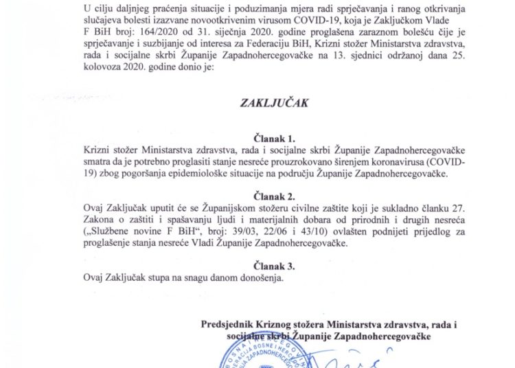 Krizni stožer ŽZH: Produžene mjere donesene radi sprječavanja širenja koronavirusa