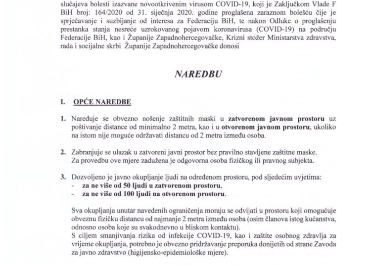 Krizni stožer ŽZH: Produžene mjere donesene radi sprječavanja širenja koronavirusa