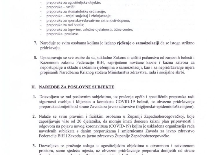 Krizni stožer ŽZH: Produžene mjere donesene radi sprječavanja širenja koronavirusa
