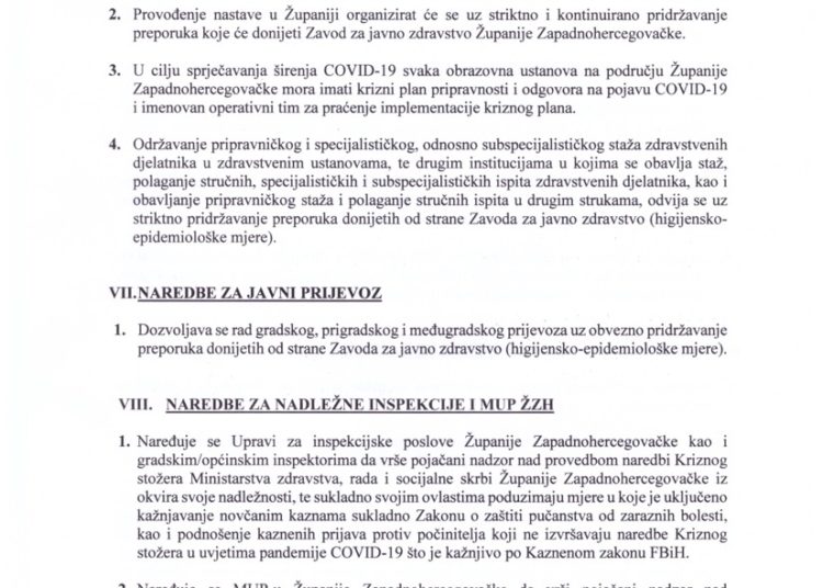 Krizni stožer ŽZH: Produžene mjere donesene radi sprječavanja širenja koronavirusa
