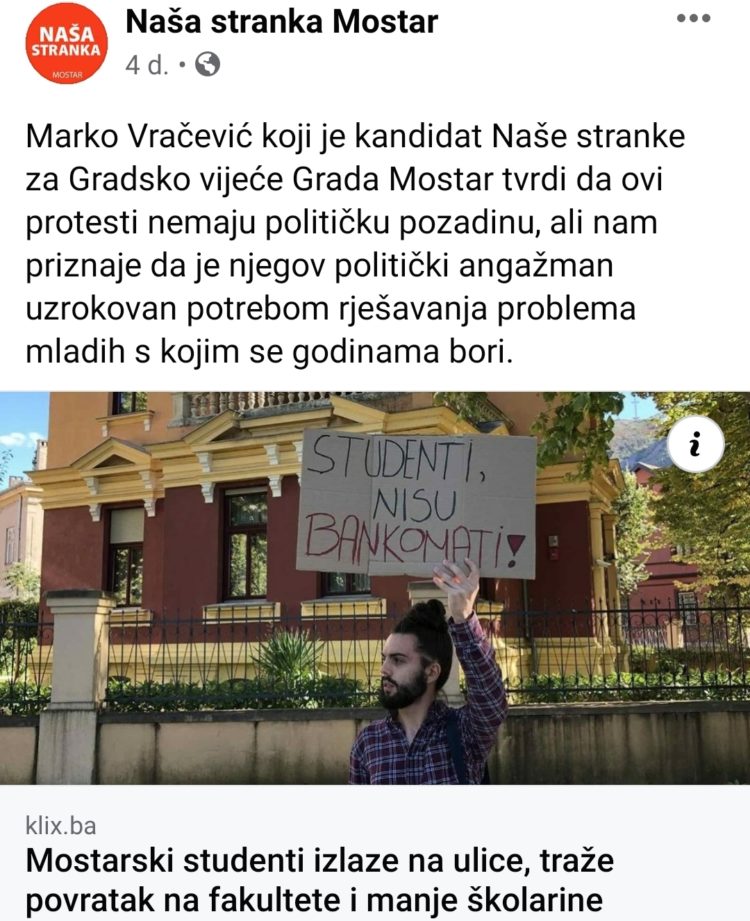 Paradoks „studenskih prosvjeda“: Prosvjed vodi član HDZ BiH na listi Naše stranke