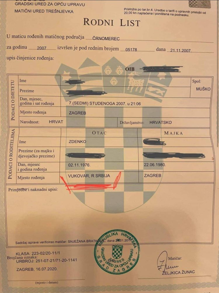 U Zagrebu mu izdali rodni list na kojem piše da je Vukovar u Srbiji