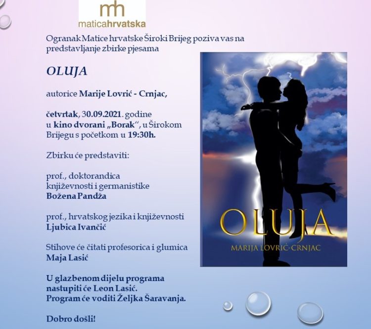 Najava predstavljanja zbirke pjesama OLUJA autorice Marije Lovrić-Crnjac