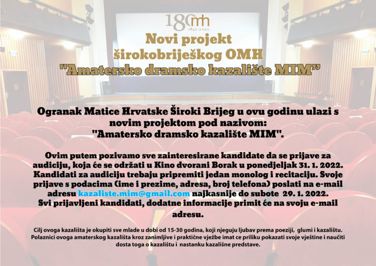 Novi projekt širokobriješkog OMH: “Amatersko dramsko kazalište MIM”