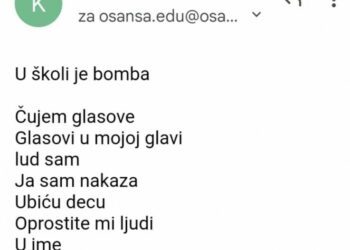 Ovo je e-mail poruka koju su dobile sarajevske škole: “Ja sam nakaza, ubit ću djecu”