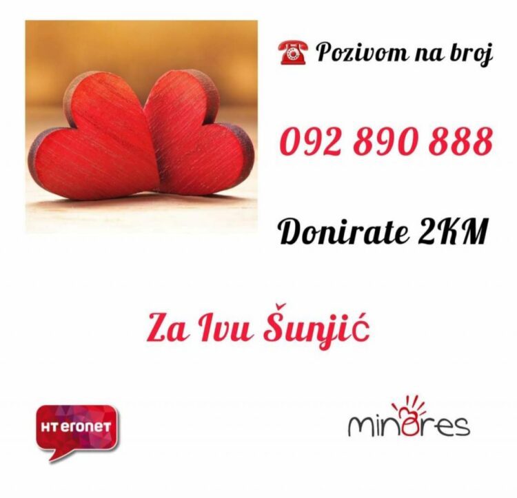 Pozivom na 092 890 888 donirate 2 KM za pomoć Ivi Šunjić iz Mostara