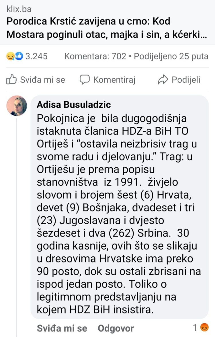 Umobolno! Adisa Busuladžić, unuka nacističkog imama Mustafe Busuladžića, optužila tragično preminulu Marijanu Krstić za “etničko čišćenje” Ortiješa!