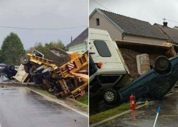 Vozač VW-a pretjecao kamion i uletio Škodi u “škare”, završio je na krovu, prizori s mjesta nesreće su strašni
