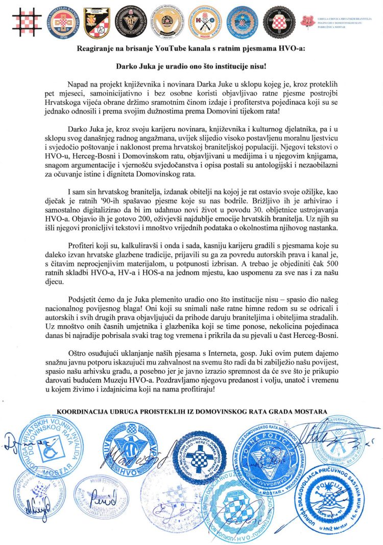 Donosimo: Reakcija na brisanje YouTube kanala s ratnim pjesmama HVO-a: Darko Juka je uradio ono što institucije nisu!