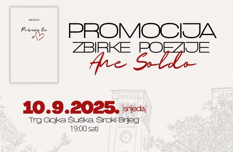 U Širokom Brijegu predstavljanje zbirke poezije “Pišem te u srcu” Ane Soldo
