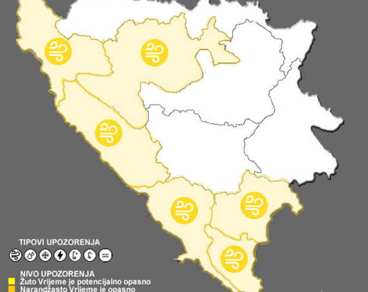 Žuti meteoalarm: Evo u kojim gradovima Hercegovine će biti jaki naleti vjetara danas