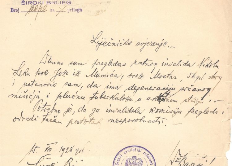 Liječničko uvjerenje iz 1928.: Počeci Doma zdravlja u Širokom Brijegu i sudbina ratnog invalida