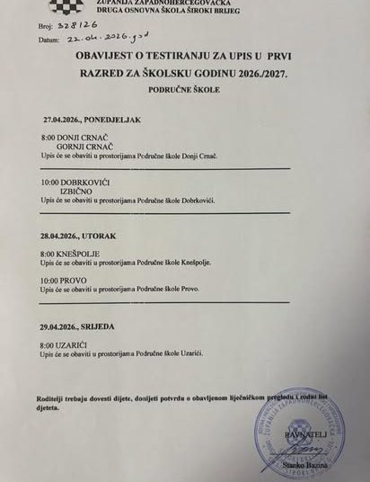 Široki Brijeg: Ovo su termini testiranja prvašića za centralnu i područne škole Druge osnovne škole