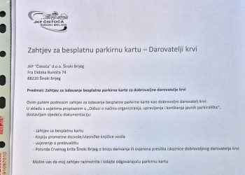 Široki Brijeg: Počelo podnošenje zahtjeva za besplatan parking višestrukim darivateljima krvi