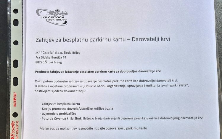 Široki Brijeg: Počelo podnošenje zahtjeva za besplatan parking višestrukim darivateljima krvi