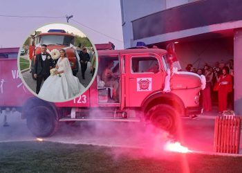 Veselo u Čitluku: Robert i Ana Marija stigli na vjenčanje u vatrogasnom vozilu