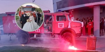 Veselo u Čitluku: Robert i Ana Marija stigli na vjenčanje u vatrogasnom vozilu
