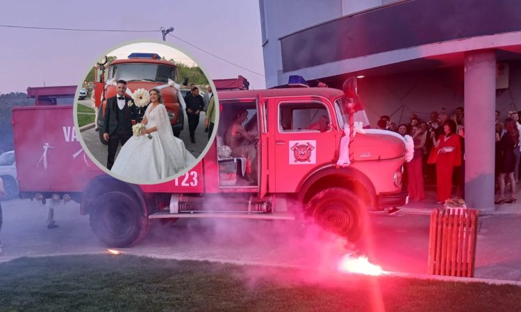 Veselo u Čitluku: Robert i Ana Marija stigli na vjenčanje u vatrogasnom vozilu