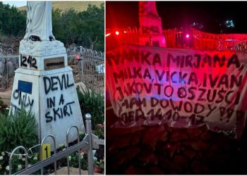 Evo što znače napisi i brojevi koje su vandali išarali po Gospinu kipu i napisali na transparentu