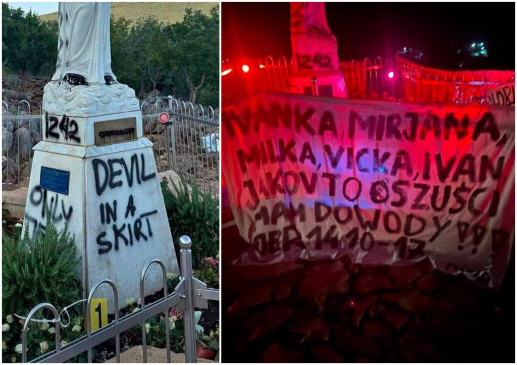Evo što znače napisi i brojevi koje su vandali išarali po Gospinu kipu i napisali na transparentu